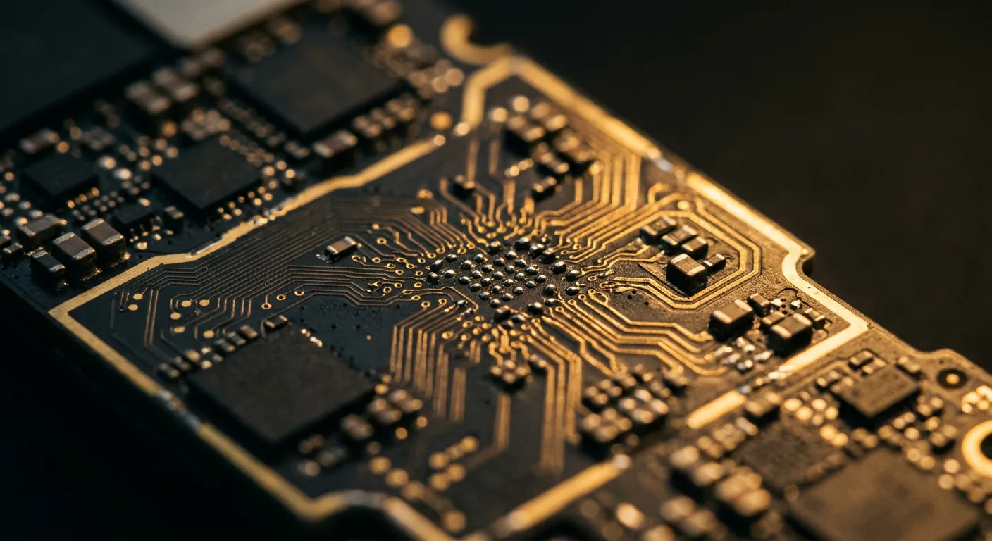 Vista macro de uma placa lógica em inspeção durante o diagnóstico gratuito na Ali Telecom